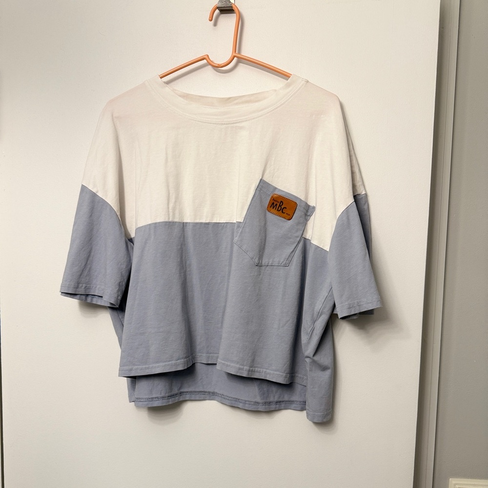 Casual Blue and White Color Block Crop Top